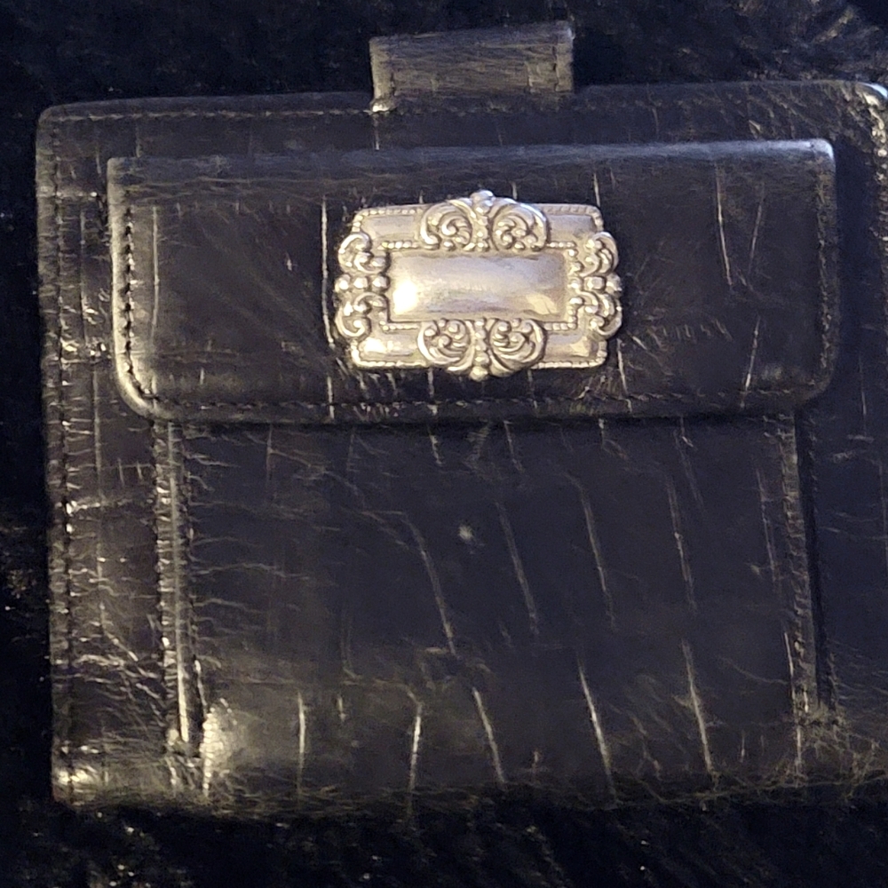 Vintage Women's Small BRIGHTON Black LEATHER Croc Bi-fold Wallet w/Coin Case